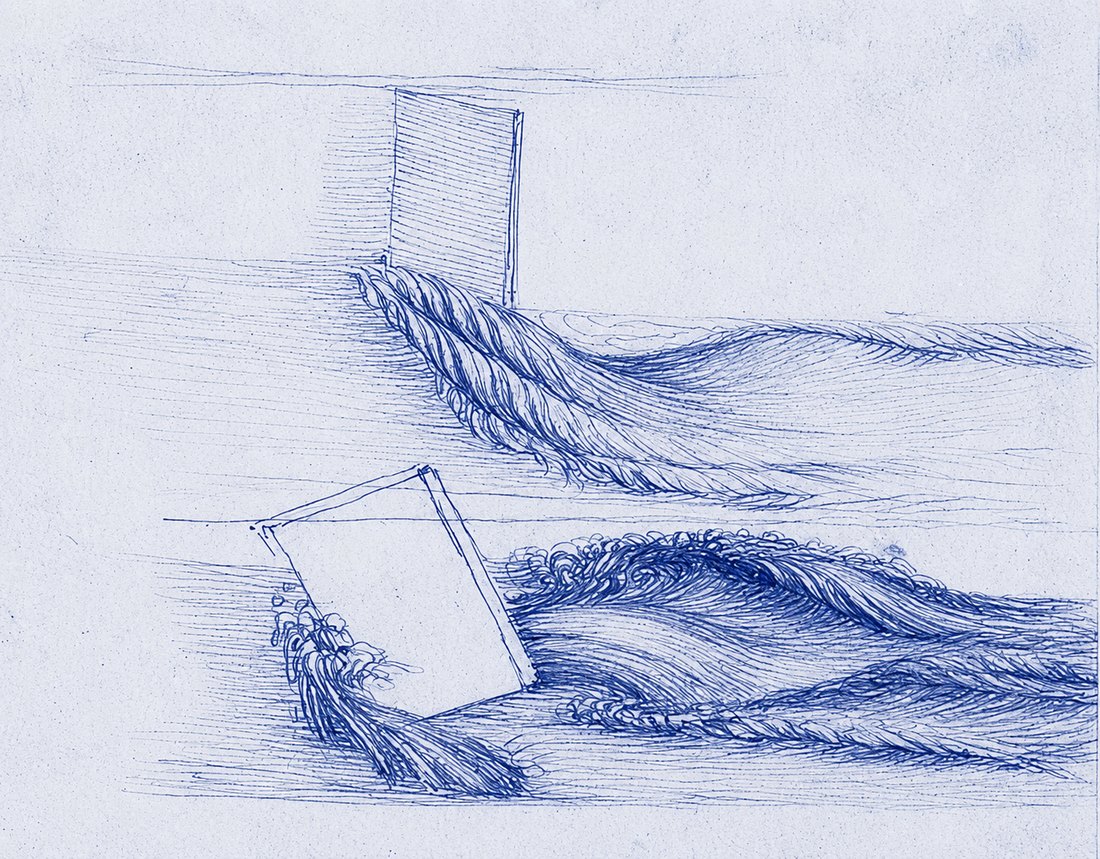 Leonardo da Vinci — pen-and-ink studies of turbulent water passing obstacles and falling